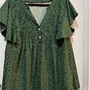 SHEIN Green Polka Dot Ruffle Sleeve V-Neck Top